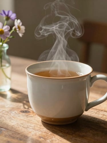 A warm cup of tea on a kitchen table with a vase of flowers.