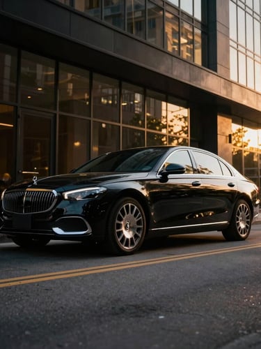 Cinematic wide angle of a luxury sedan parked in a modern downtown Columbus architectural setting at golden hour, sharp reflections, premium editorial photography