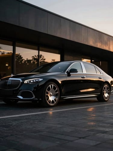 Cinematic wide angle of a luxury sedan parked in a modern architectural driveway at dusk, soft golden hour reflections on polished black metal, 35mm lens