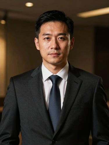 A professional insurance advisor in structured business attire, confident direct-to-camera portrait, dramatic low-key lighting with gold reflections, premium editorial photography