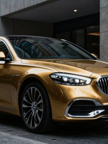Cinematic portrait shot of a premium luxury sedan parked in a modern architectural environment in downtown Columbus, sharp focus on the gold metallic details and headlight, dramatic low-key lighting, 35mm lens.