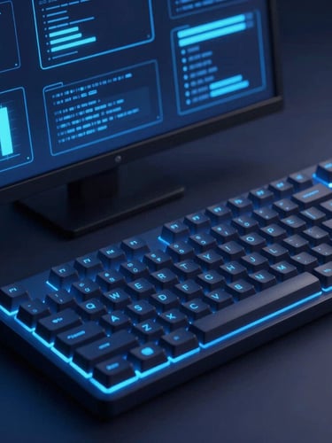 A close-up angled shot of a modern developer workspace, mechanical keyboard, abstract glowing blue UI wireframes on screen, soft shadows, 3d render