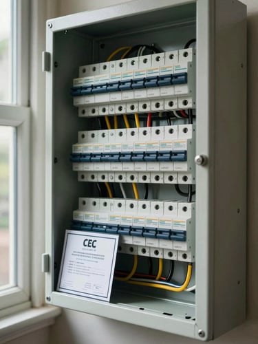Close-up of an open residential switchboard panel in a Sydney home, wiring neatly dressed and labelled, a CEC accreditation certificate visible in the foreground, soft window light from the left casting clean shadows on the circuit breakers and cable runs