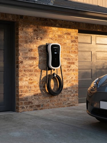 Wide environmental shot of a sleek Level 2 EV charger unit mounted flush on a rendered brick garage wall at a Sydney driveway, golden-hour light raking across the charger face, cable neatly coiled, car bonnet just visible at the right edge and cropped out of frame, clean concrete driveway in foreground