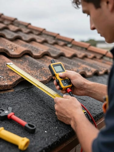 Close-up of an electrician's hands holding a digital inclinometer against a Sydney roof tile to measure pitch angle, overcast daylight, wiring tools visible on the felt underlayer beside them