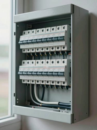 Close-up overhead shot of a newly installed residential switchboard, neat cable runs and labelled circuit breakers under soft overcast window light, clean conduit entry at the base, no people visible