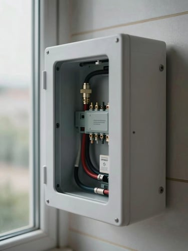 Close-up of a home battery system mounted on a laundry wall, wiring harness visible entering a certified enclosure, soft overcast daylight through a nearby window, connection terminals and conduit in sharp focus, background wall tiles slightly out of focus