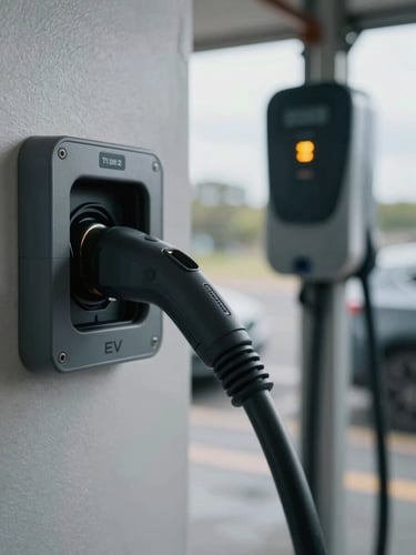 Close-up of a Type 2 EV charging cable plugged into a wall-mounted charger unit in a Sydney garage, soft overcast window light falling across the connector and cable, concrete floor visible below, charger status LED lit amber, no car visible