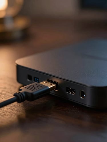 Macro photography of an Android TV box port setup with an HDMI cable plugging in, warm ambient living room light, shallow depth of field, 50mm