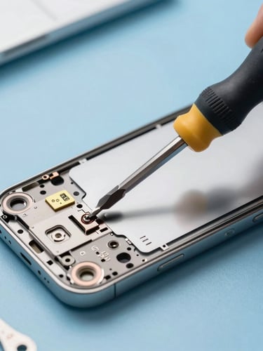 Crisp macro photography of a precision screwdriver repairing an open smartphone chassis on a clean blue workbench, bright clean workbench lighting, cool tech tones, shallow depth of field, 35mm