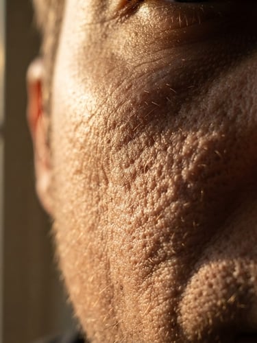 Extreme close-up of unretouched skin texture with warm afternoon window light, macro lens, dramatic shadows, tactile