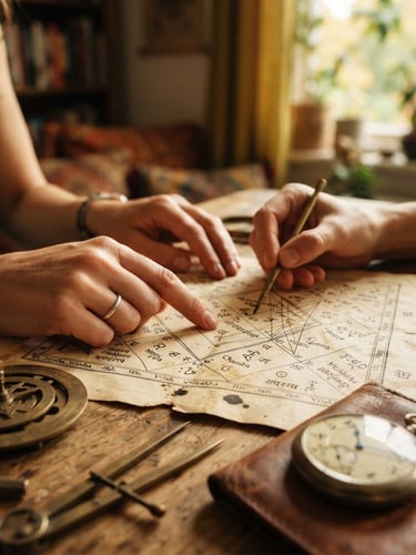 Close-up of hands analyzing a Vedic chart on aged paper, brass astrological instruments, and a vintage watch, warm golden-hour window light, shallow depth of field, rich mustard and sage tones.