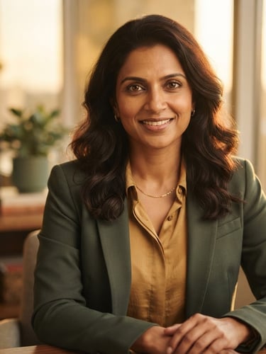 Professional portrait of D.M. Kavya, warm, authentic, authoritative, looking confidently towards the viewer, soft golden-hour window light, shallow depth of field, rich mustard and sage tones.