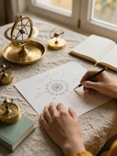 Overhead flatlay of hands analyzing a Vedic chart, brass astrological instruments, and a notebook on a textured linen surface, soft golden-hour window light, rich mustard and sage tones.