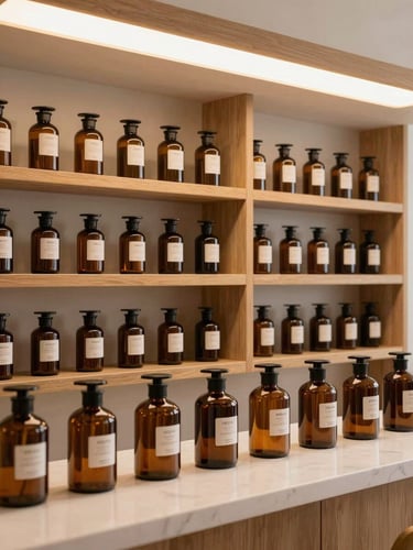 Bright, warm overhead lighting illuminating a clean dispensary counter, professional amber glass apothecary jars, structured wood shelves, no people.