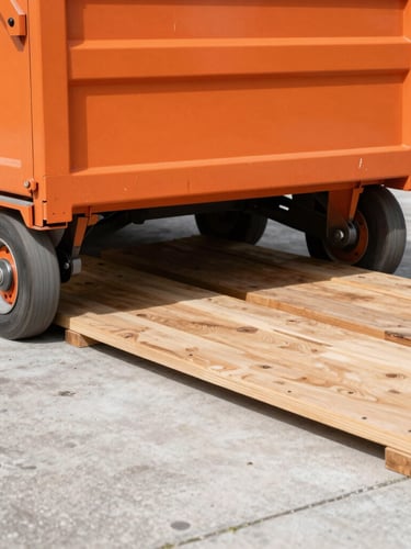 Close-up of heavy-duty wooden protective planks laid beneath the steel wheels of a safety-orange roll-off dumpster on a concrete driveway, bright Florida sunlight, sharp focus