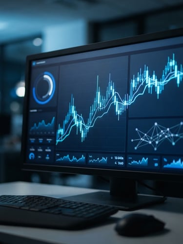 Close-up of clean analytical dashboard on a screen with sharp glowing metrics, cool blue undertones, shallow depth of field, 35mm