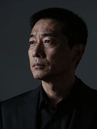 Dramatic close-up portrait of a thoughtful male consultant in his 40s, low-key side-lighting, deep shadows, high contrast, dark minimalist background, 85mm lens, cinematic