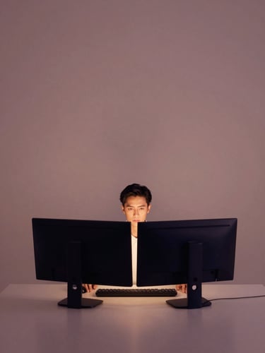 Minimalist editorial portrait of a focused professional looking at a dual-monitor setup, soft warm ambient lighting with subtle amber glow, muted mauve tones, 35mm