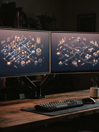 Minimalist isometric dashboard preview on a dual monitor setup, glowing warm-amber and soft blue data pathways, clean modern UI design, warm editorial photography, 35mm