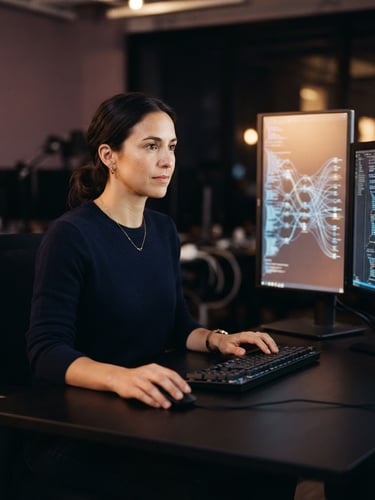 Minimalist editorial portrait of a modern tech professional analyzing data pathways, dual monitors, soft diffused warm-amber ambient glow, 35mm