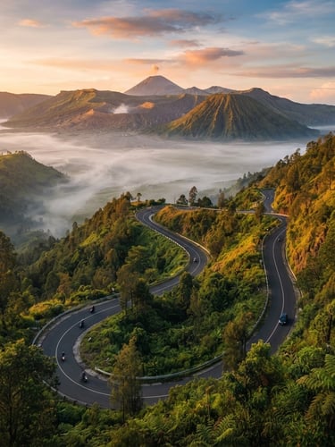 Cinematic drone shot of a winding mountain road in East Java at sunrise, misty valley below, rich tropical tones, 35mm