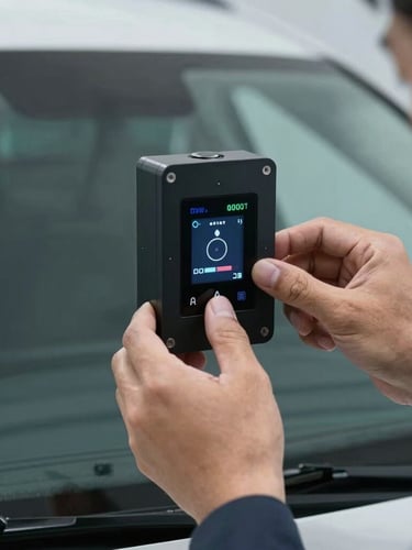 Tight close-up of a technician's hands adjusting a high-tech ADAS calibration target in front of a car windshield, cool workshop lighting, sharp focus on the digital sensor alignment.
