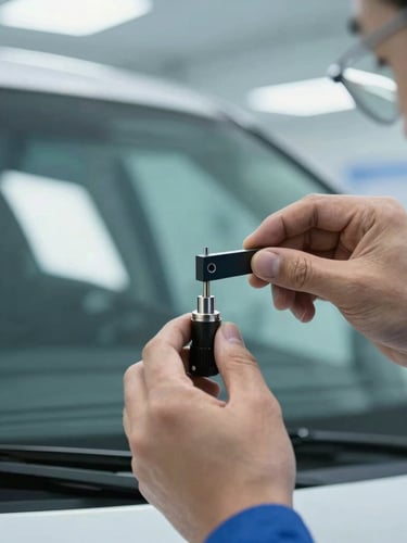 Tight close-up of a technician's hand adjusting a high-precision sensor calibration target in front of a modern windshield under bright, cool workshop lighting.