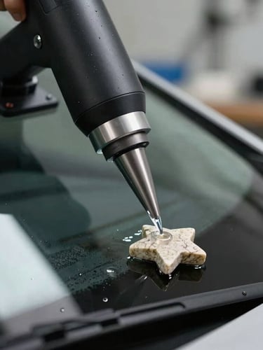 Close-up of a professional vacuum suction tool mounted on a car windshield, injecting clear resin into a small star-shaped stone chip, sharp focus on the tool tip and glass edge, cool workshop lighting