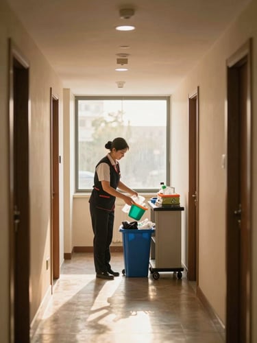 Environmental wide shot looking into a mid-sized hotel corridor, a housekeeper in uniform sorting recyclables into colour-coded bins near a service trolley, warm golden-hour light streaming through a tall window at the far end, dust motes visible in the shaft of light, operational and unhurried