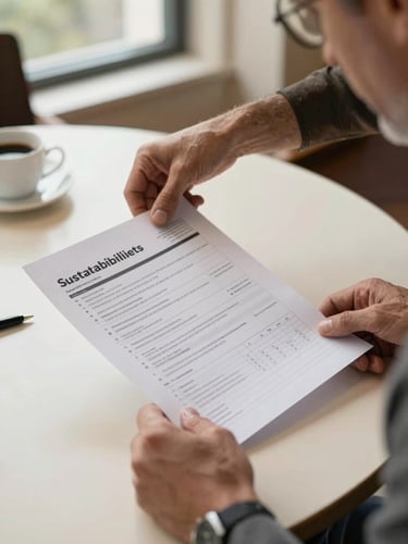 Close environmental shot: hands of a seasoned man reviewing printed sustainability audit sheets on a hotel meeting table, natural north-facing window light, coffee cup and pen visible, warm cream tones