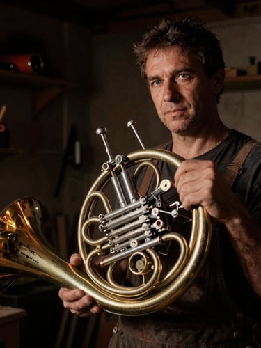 Portrait of a craftsman holding a French horn in a dimly lit workshop, directional incandescent lighting, deep shadows, 35mm.