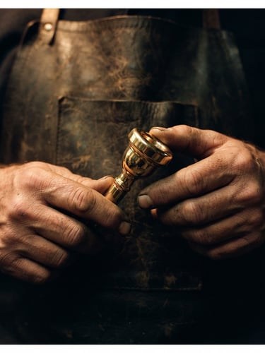 Macro shot of calloused hands holding a gleaming brass French horn mouthpiece against a dark leather apron, moody directional lighting, high contrast, 35mm.