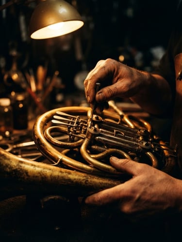 Macro shot of hands working on a glowing brass French horn under warm directional incandescent lighting, rich dark workshop background, high contrast, 35mm.