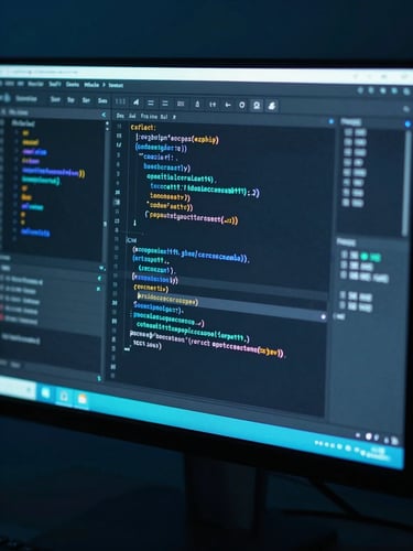 Close-up of a clean code editor on a monitor with neon blue and teal ambient glow, sharp focus, cinematic 35mm photography
