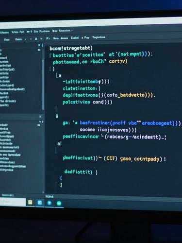 Macro shot of a clean code editor on a monitor, deep slate screen with vibrant teal and blue code syntax highlighting, low-key dramatic ambient lighting, cinematic 35mm