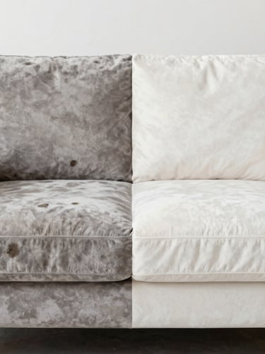 Straight-on split-screen macro shot of a velvet sofa, left side heavily stained and dark with oils, right side pristine and fully restored, bright neutral studio lighting, sharp focus on fabric weave