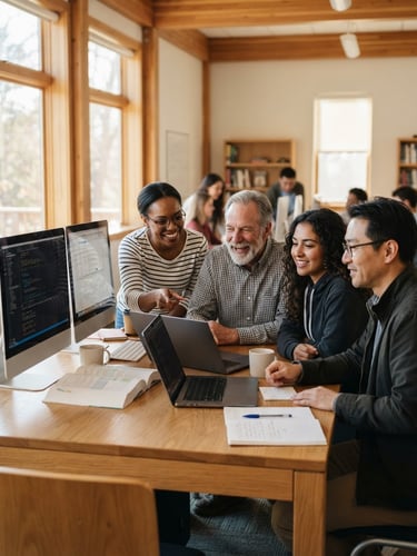 A warm, bright classroom with adult students of diverse ages smiling and collaborating around a modern computer desk, natural window light, shallow depth of field