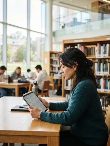 A professional adult student holding a tablet in a bright, modern university library, natural daylight streaming through large windows, shallow depth of field