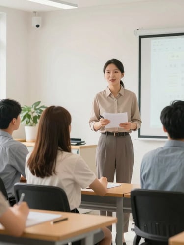 Wide portrait shot of a professional instructor guiding adult students in a modern technical classroom, bright natural daylight, clean educational environment.