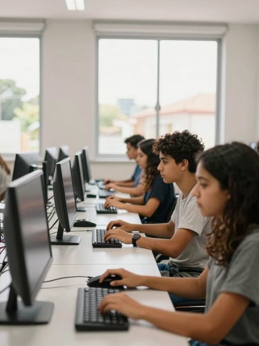 Bright modern IT laboratory with students working on computers, natural daylight from large windows, clean educational setting in Brazil