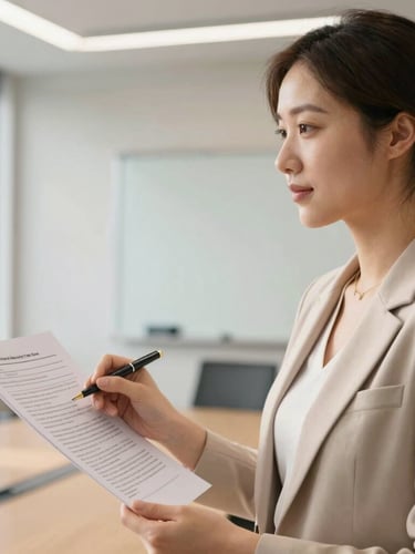 A close-up of a professional woman presenting a case study in a modern corporate boardroom, warm natural light, authentic expression