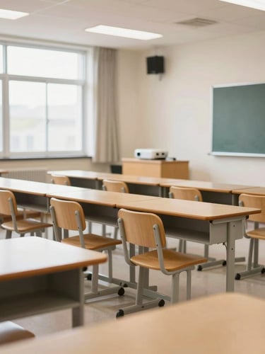 Wide environmental shot of a modern clean classroom with comfortable seating, bright daylight, projector visible, professional setup