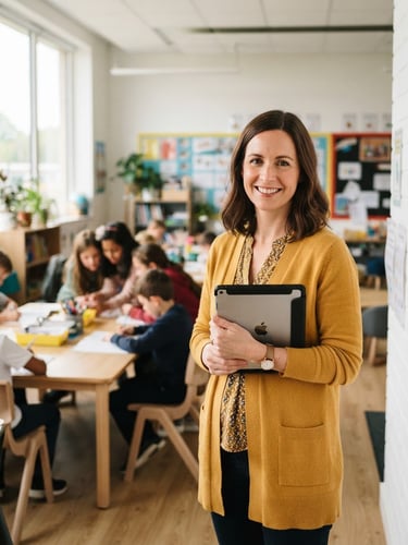 A warm professional female teacher in a bright modern classroom, smiling directly at the camera, holding a tablet, natural daylight, soft focus background with students working.