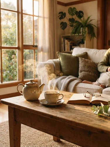 Warm, sun-drenched residential living room with steaming tea on a wooden table, soft linen textiles, golden-hour window light, 35mm film style