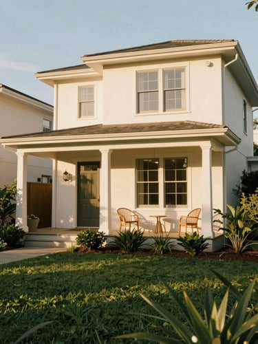 Sun-drenched exterior of a beautiful residential boutique home with a lush green garden and front porch, warm golden-hour window light