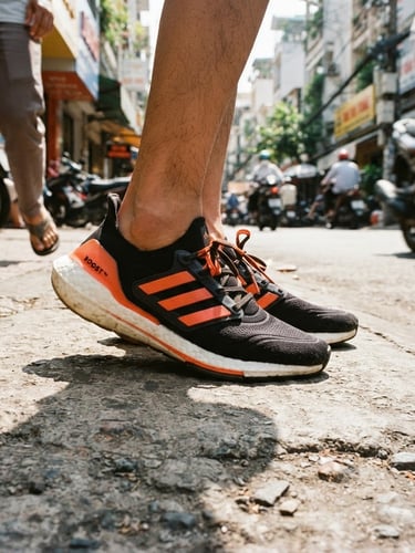 Low-angle dynamic shot of Adidas sneakers on concrete pavement in Saigon, bright daylight, sharp shadows, athletic vibe, 35mm lens