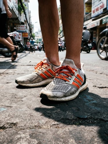 Low-angle high-contrast street photography of Adidas sneakers on concrete pavement in Saigon, bright natural daylight, bold athletic shadows, orange accents, 35mm lens
