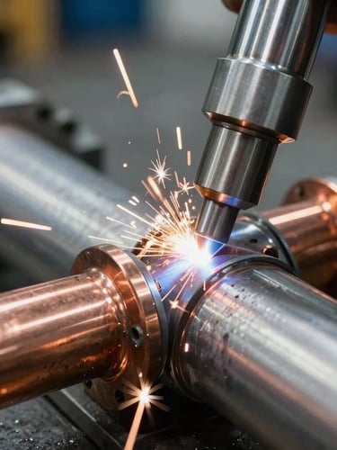 Close-up shot of precise copper welding on industrial piping, bright sparks, cool steel background, crisp technical lighting, sharp industrial photography, 35mm