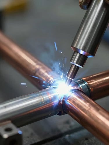 Close-up of industrial copper pipe welding with sharp technical lighting, cool steel tones, professional engineering precision, 35mm